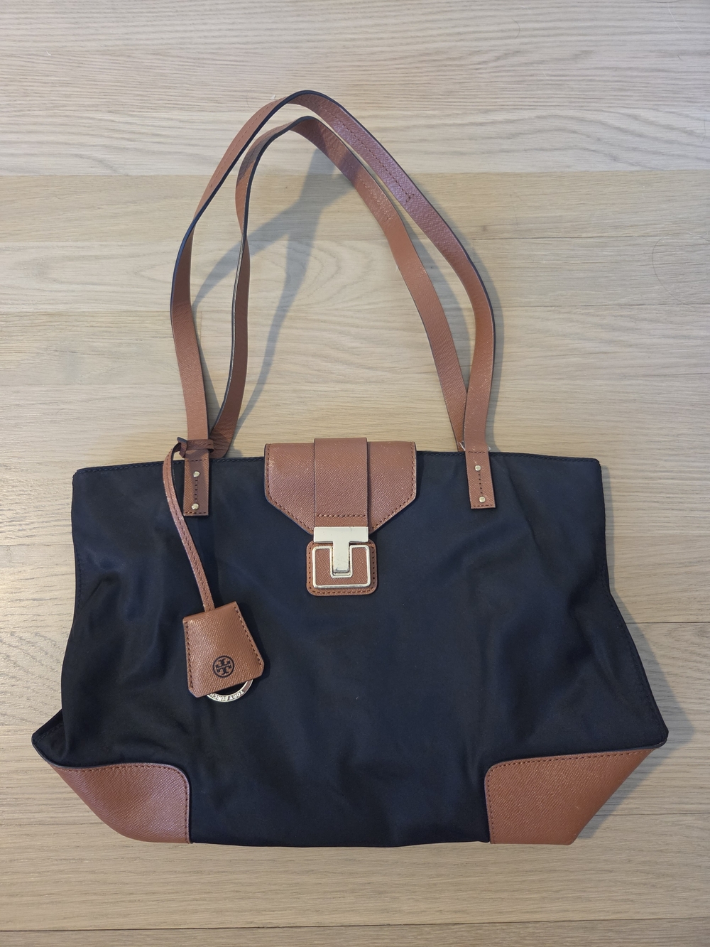 Tory Burch Black Tote with Brown Leather Trim and Gold Hardware